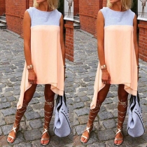 Trendy Contrast Color Round Neck Sleeveless Irregular Hem Dress