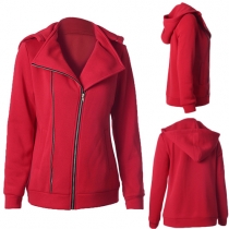 Casual Style Solid Color Hooded Side Zipper Long Sleeve Tops For Women