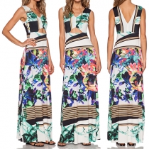 Fashion V-neck Sleeveless Backless Printed Maxi Dress