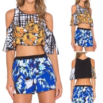 Sexy Printed Cold Shoulder/Sleeveless Crop Tops and Shorts Two-piece Set