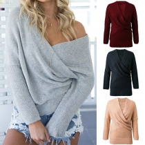 Sexy Solid Color V-neck Long Sleeve Loose-fitting Knit Sweater