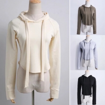 Casual Style Solid Color Hooded Long Sleeve Crop Tops