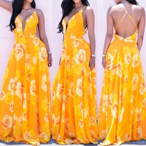 Sexy Printed Deep V-neck Sleeveless Backless Sling Maxi Dress