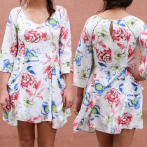Sweet Printed Round Neck Half Sleeve Two-Side Pockets Dress