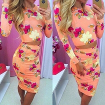 Sexy Printed Round Neck Long Sleeve Crop Tops and Dress Two-piece Set