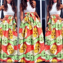 Fashion Mock Neck Sleeveless Crop Tops and Printed Maxi Dress Two-piece Set