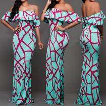 Elegant Printed Off Shoulder Backless Ruffle Slim-fitting Maxi Dress