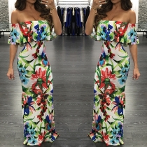 Sexy Printed Off Shoulder Backless Ruffle Maxi Dress