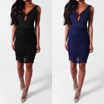 Sexy Lace Spliced Solid Color Sleeveless Bodycon Dress