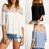 Fashion Lace Hollow Out Off Shoulder Half Sleeve Chiffon Tops