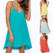 Sexy Solid Color V-neck Backless Sleeveless Loose-fitting Halter Dress