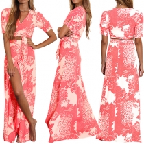 Fashion Printed V-neck Crop Tops and High-slit Maxi Skirt Two-piece Set
