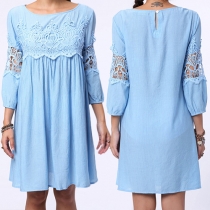 Sweet Solid Color Lace Spliced Round Neck Hollow Out 3/4 Sleeve Dress