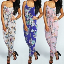 Sexy Printed Round Neck Sleeveless Elastic Waist Sling Jumpsuit