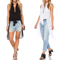 Fashion Solid Color Lapel Sleeveless Irregular Hem Chiffon Blouse