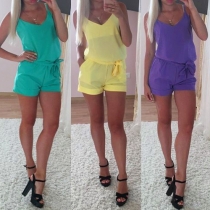 Fashion Solid Color V-neck Sleeveless Backless Gathered Waist Sling Romper