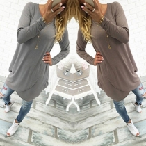 Casual Style Solid Color Round Neck Long Sleeve Irregular Hemline Loose-fitting Dress