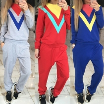 Casual Style Contrast Color Round Neck Long Sleeve Sports Suit