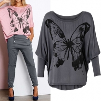 Fashion Butterfly Printed Round Neck Bat Sleeve Loose-fitting Tops