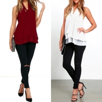 Fashion Solid Color V-neck Sleeveless Two-layer Chiffon Tops