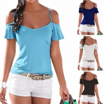 Sexy Solid Color Low-cut Off Shoulder Backless Sling Tops