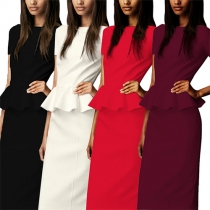 Elegant Solid Color Round Neck Short Sleeve Peplum Dress