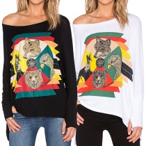 Casual Style Eagle Animals Printed Round Neck Long Sleeve T-shirt