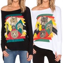 Casual Style Eagle Animals Printed Round Neck Long Sleeve T-shirt