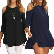 Casual Style Solid Color Cold Shoulder Round Neck Relaxed T-shirt