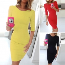 Sexy Solid Color Round Neck Half Sleeve Backless Bodycon Dress