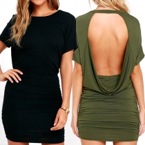 Fashion Solid Color Round Neck Short Sleeve Crinkle Backless Dress