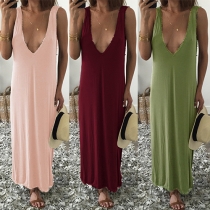Sexy Solid Color Deep V-neck Sleeveless Backless Slit Hem Sling Maxi Dress