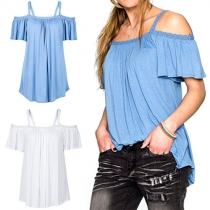 Fashion Solid Color Cold Shoulder Flouncing Sleeve Sling T-shirt