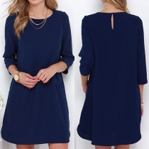Elegant Solid Color Round Neck 3/4 Sleeve Loose-fitting Chiffon Dress