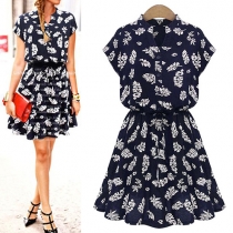 Elegant V-neck Short Sleeve Elastic Waist Printed Dress