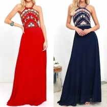 Retro Style Backless Sleeveless Embroidery Printed Halter Maxi Dress