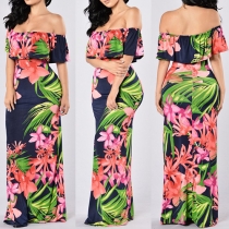 Sexy Printed Off Shoulder Backless Flounced Maxi Dress