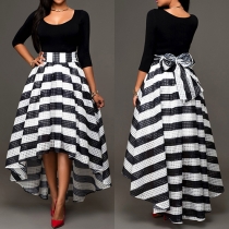 Elegant Solid Color Tops and Striped High-low Hemline Skirt Two-piece Set