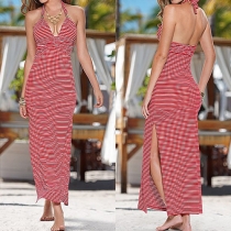 Sexy Striped V-neck Backless Sleeveless Slit Hem Halter Maxi Dress