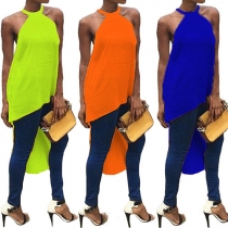 Fashion Solid Color Sleeveless Back Keyhole High-low Hem Tops