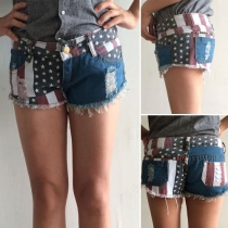 Fashion Style American Flag Printed Ripped Denim Shorts For Women