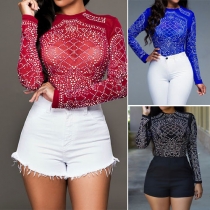 Sexy Solid Color Hotfix Rhinestone Long Sleeve Tops