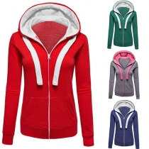 Casual Style Contrast Color Hooded Long Sleeve Sweatshirt For Women