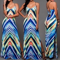 Sexy Colorful Stripes Printed V-neck Hollow Out Slit Hem Sling Maxi Dress