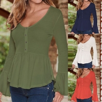 Fashion Solid Color Round Neck Bell Sleeve Tops