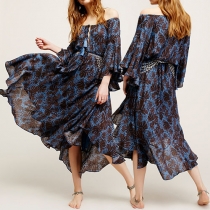 Fashion Off Shoulder Bell Sleeve Gathered Waist Printed Chiffon Dress