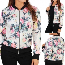 Sweet Floral Printed Front Zipper Long Sleeve Jacket