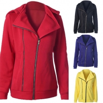 Fashion Solid Color Removable Hooded Front Zipper Long Sleeve Sweatshirt For Women