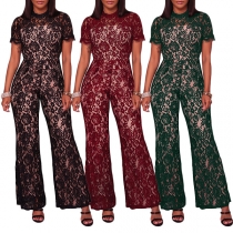 Sexy Eyelash Lace Round Neck Sleeveless Gathered Waist Jumpsuit