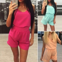 Sexy Solid Color Round Neck Sleeveless Backless Gathered Waist Romper